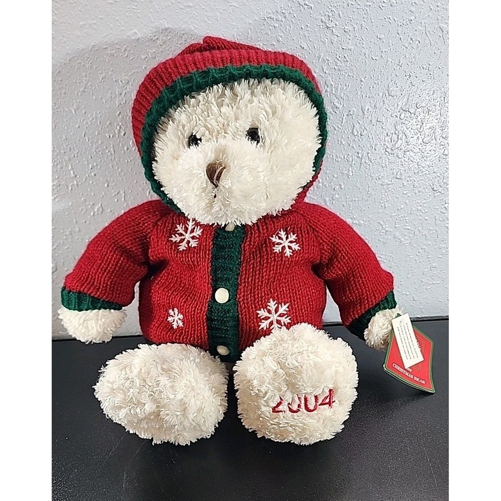 2004 Dillards Trimmings Christmas Teddy Bear Plush Stuffed White Sweater Toy‎